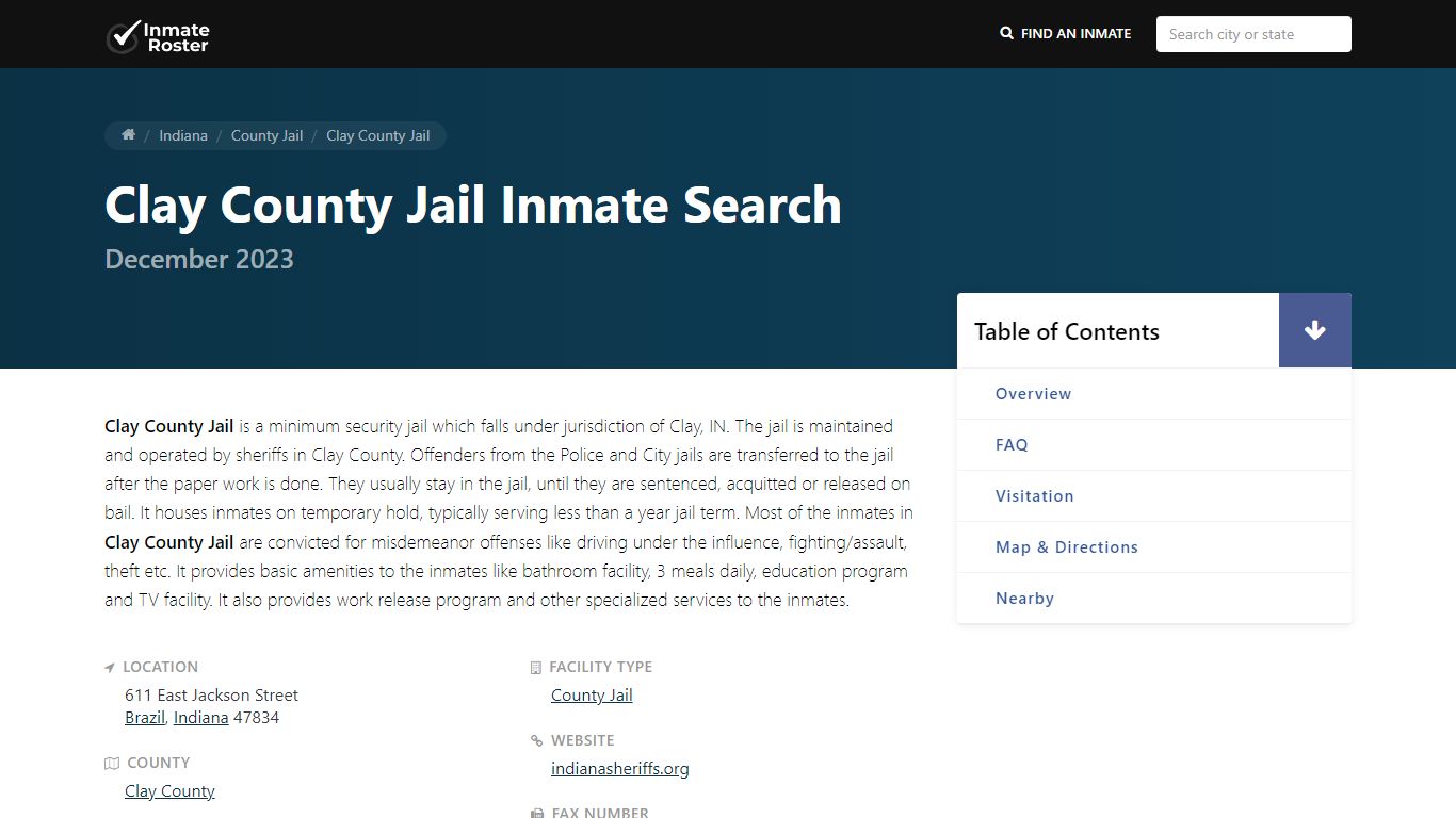 Inmate Search | Clay County Jail - Brazil, IN - InmateRoster